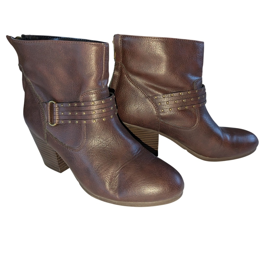 Aerosoles Longevity Brown Studded Ankle Boots Block‎ Heel Rear Zip Womens 8M